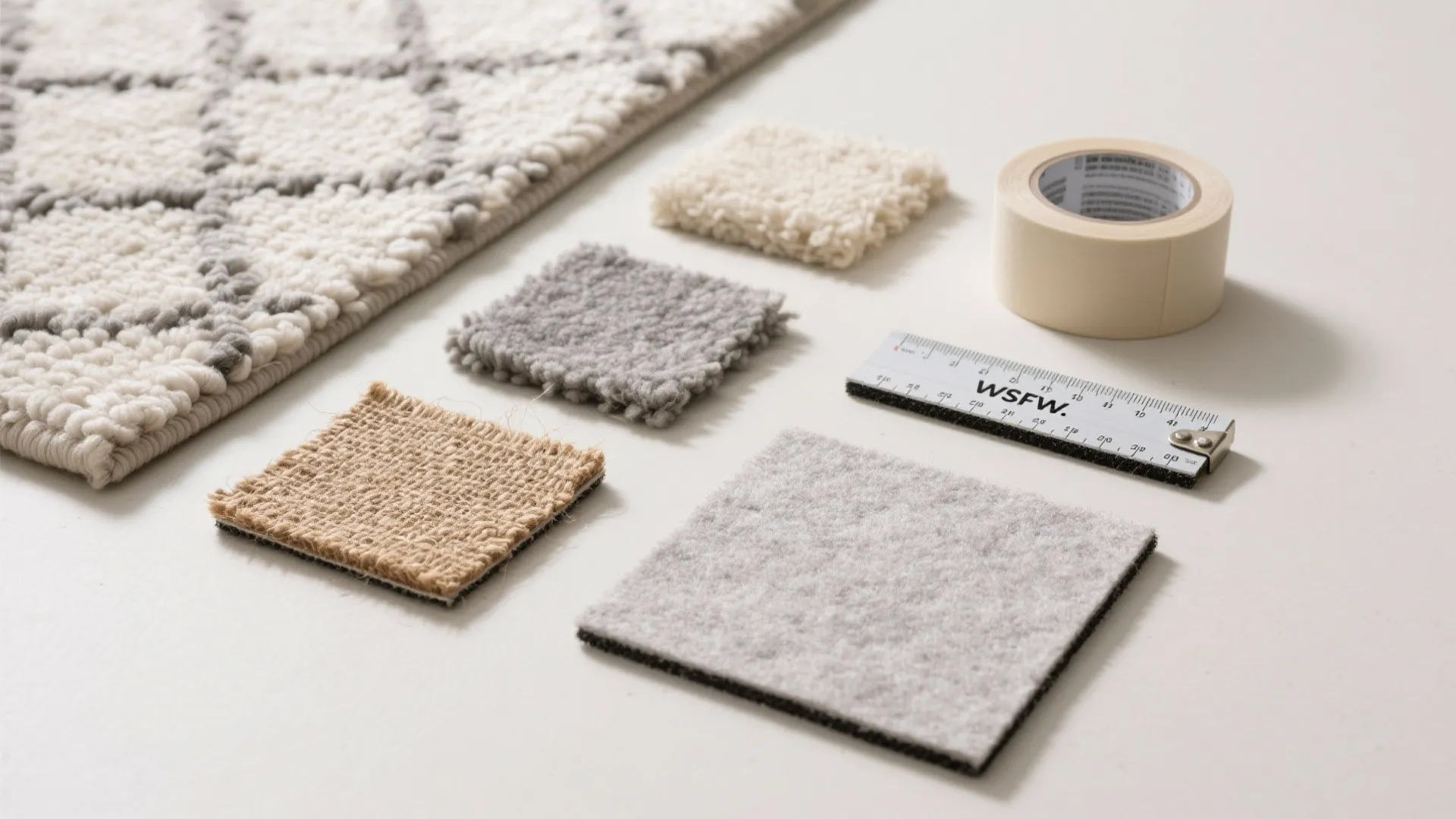 Various carpet fabric samples arranged on a white surface with a ruler and adhesive tape