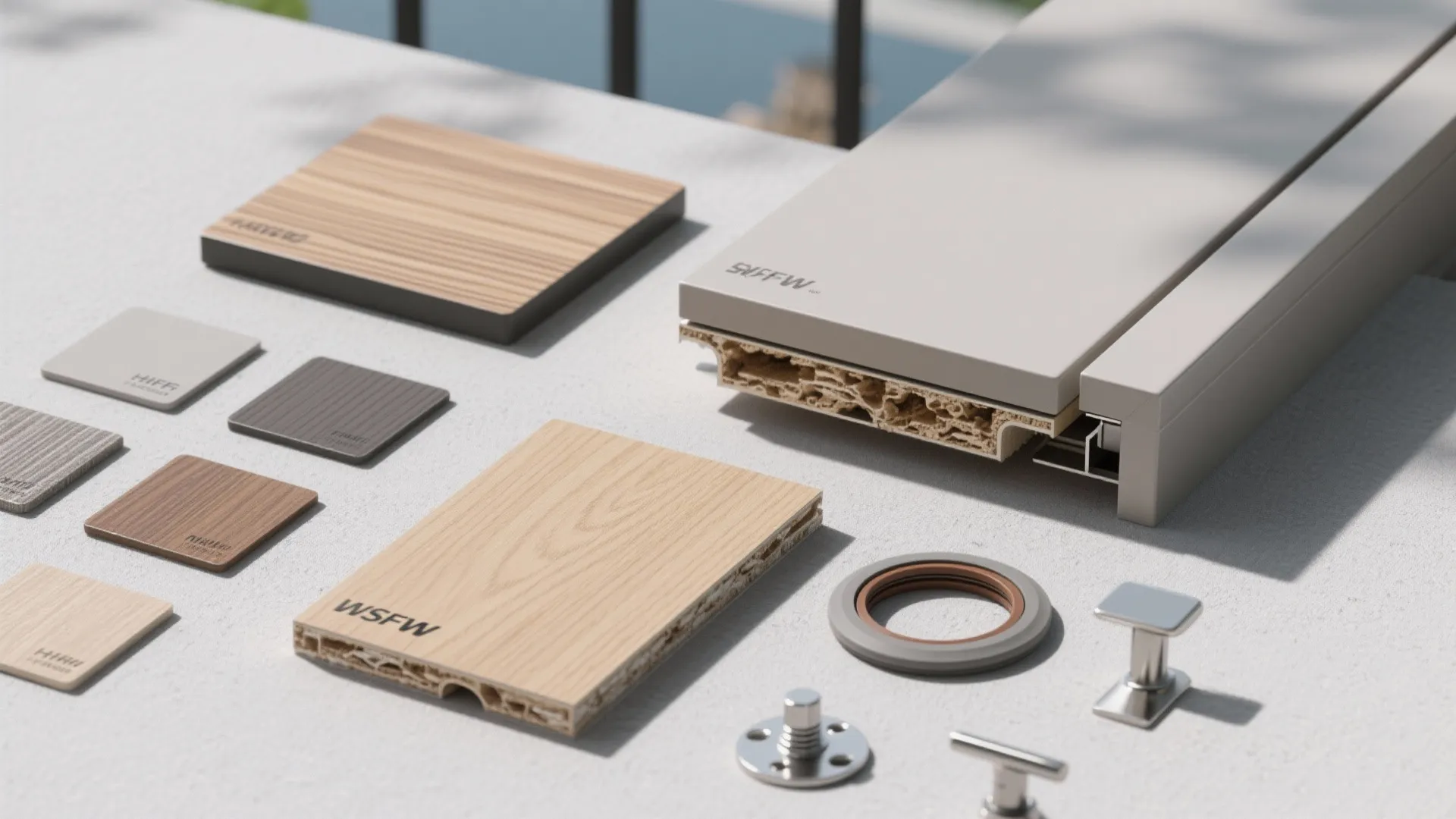 Flatlay of HPL samples, marine plywood, edge sealer, gaskets, and hardware for balcony cabinets.