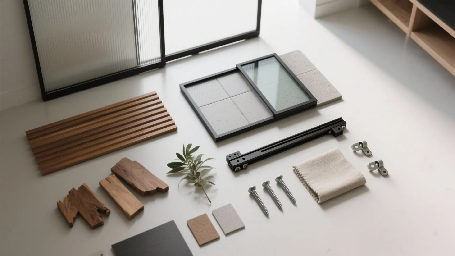 Interior design materials kit with wood samples, screws, fabric swatches, and small black metal frames