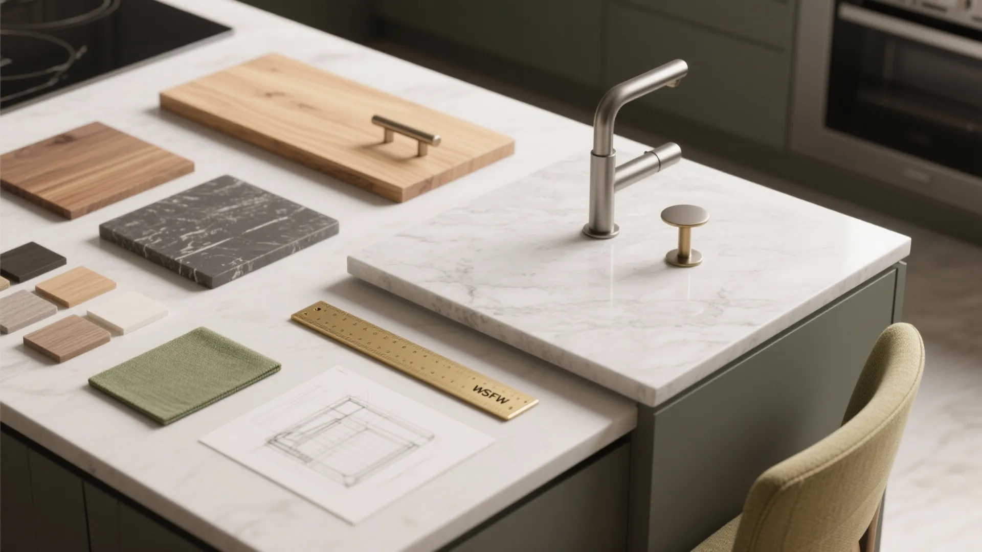 Flatlay of kitchen island material samples including wood, engineered stone, hardware swatches and upholstery for decision-making.
