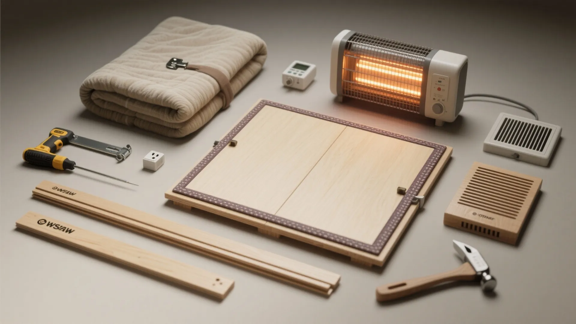 Furniture assembly kit showing wood panels heater blanket hammer and small tools on grey background