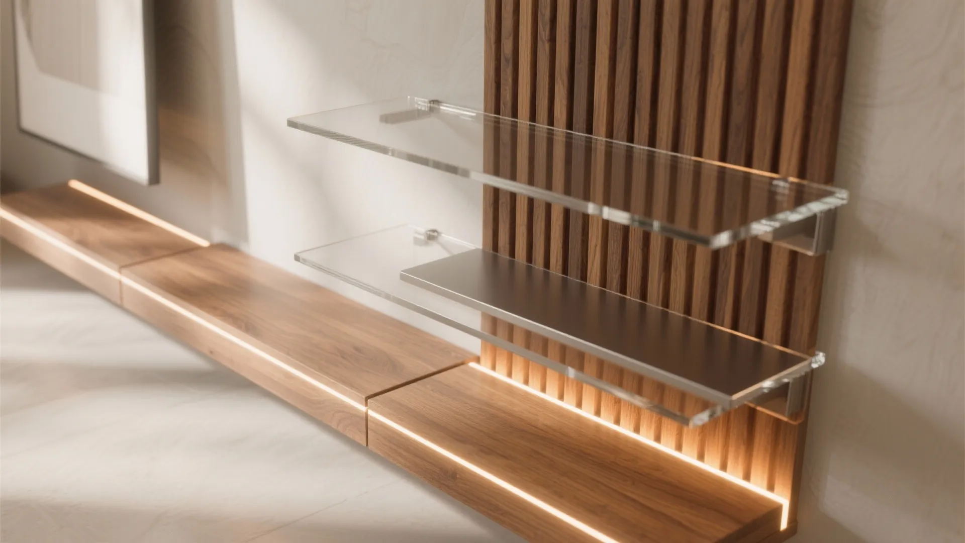 Close up of glass wall shelves and wood wall panel with warm led light strips