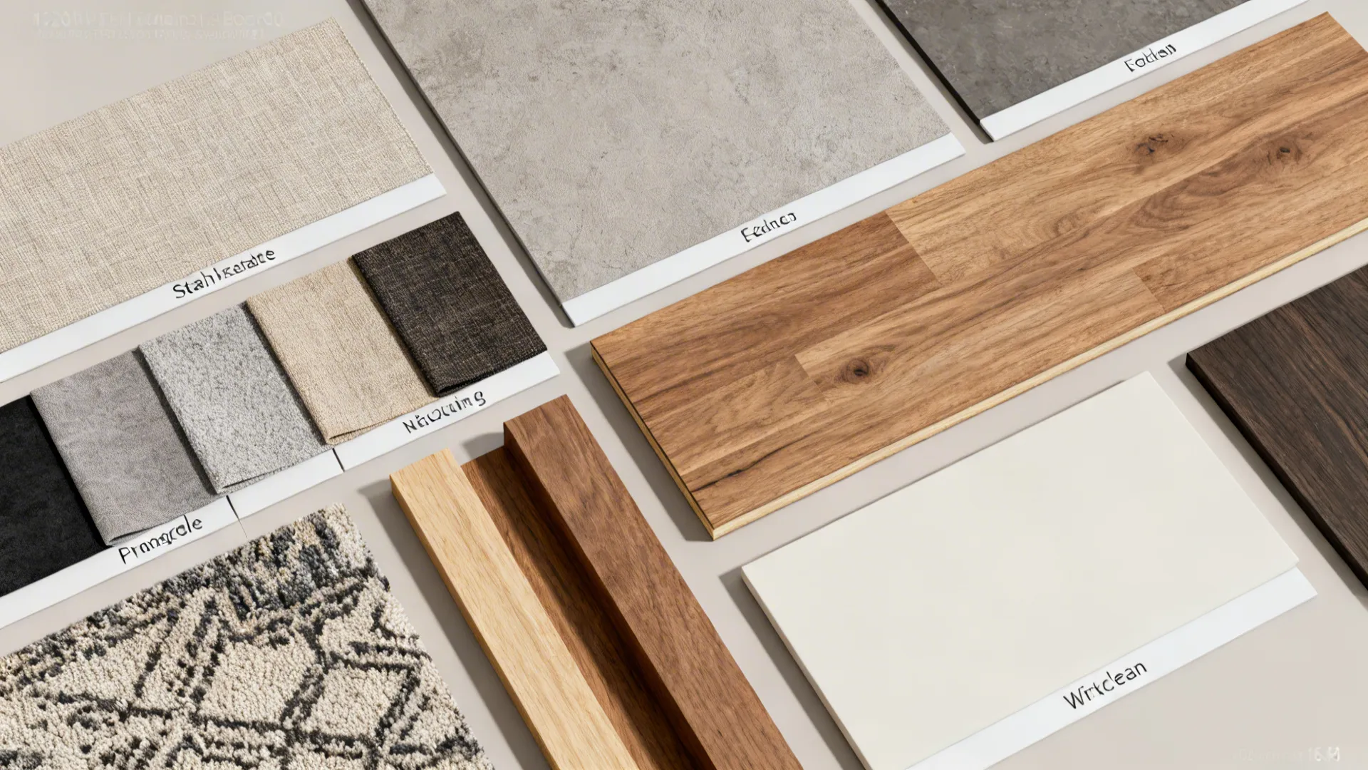 Material board of durable fabrics, wood planks, washable rug and matte finishes suitable for family rooms and dens.