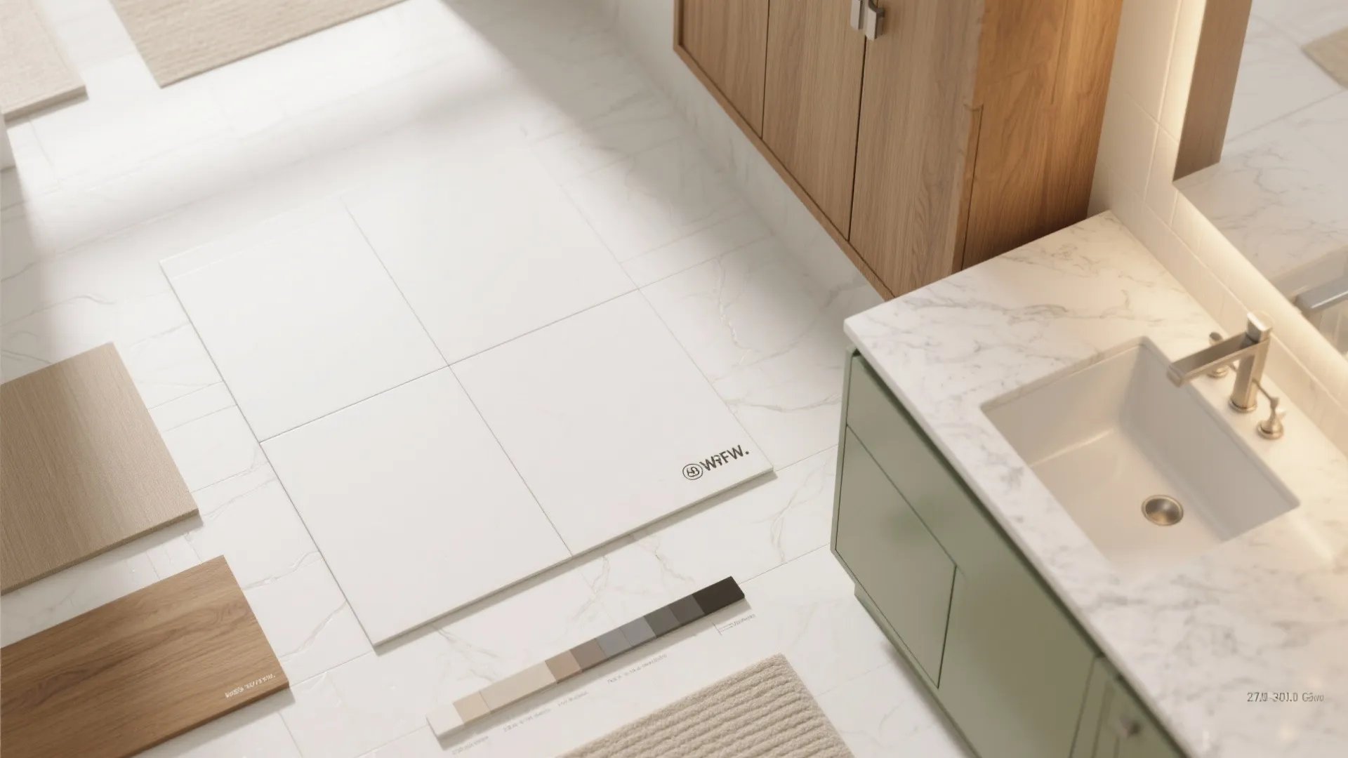 Close up of bathroom interior design drawing with marble sink top green cabinet and floor tiles