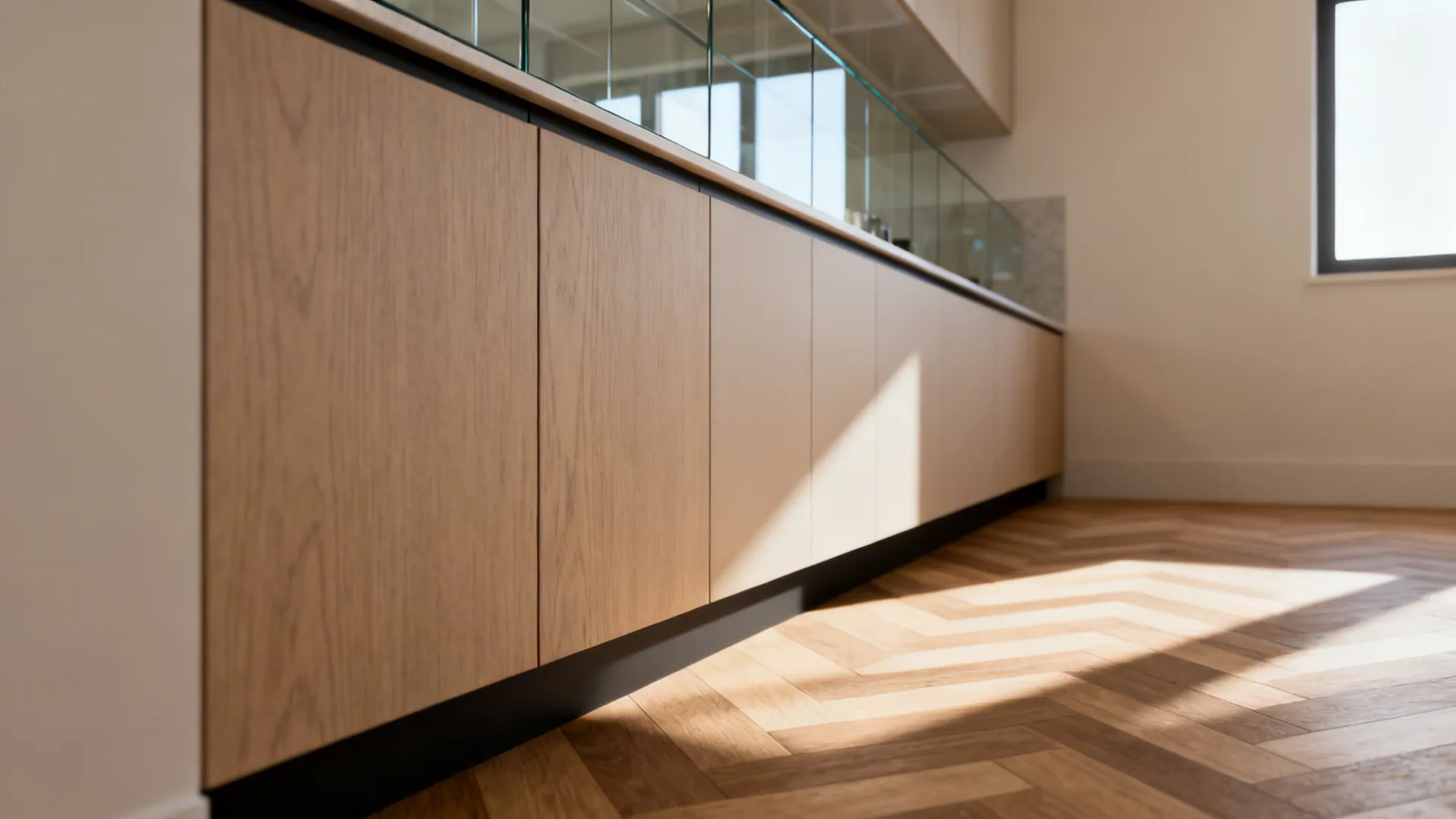 Macro detail of matte wood cabinet, glass backsplash, and herringbone floor with soft cast shadows.