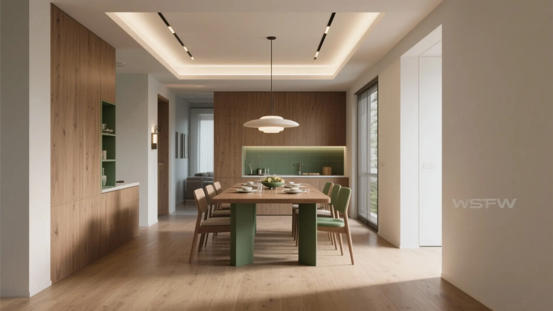 Modern dining area with wooden table green chairs wood wall panels green kitchen ceiling light