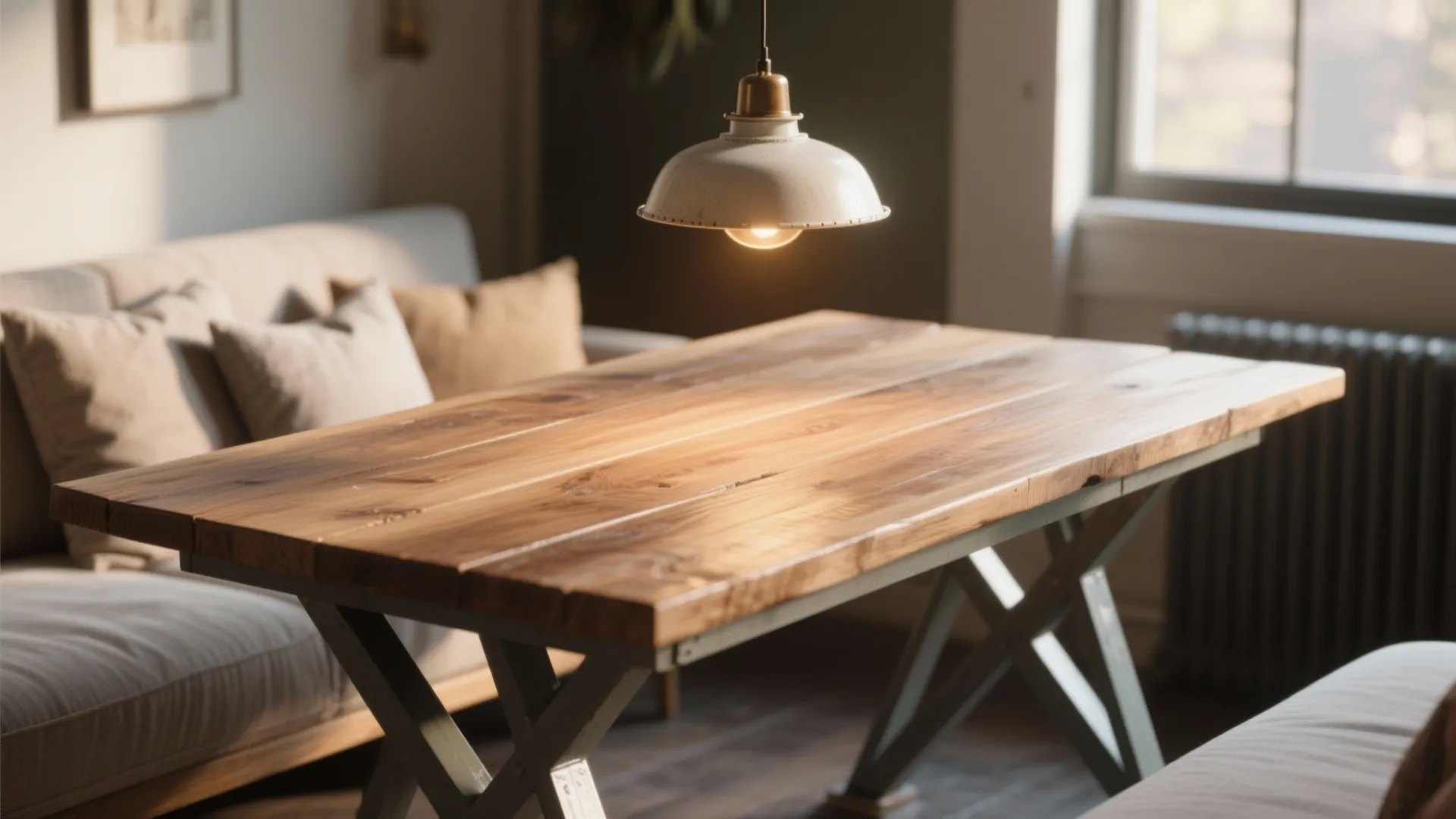 Rustic wooden dining table with metal legs under a white ceiling light near a sofa