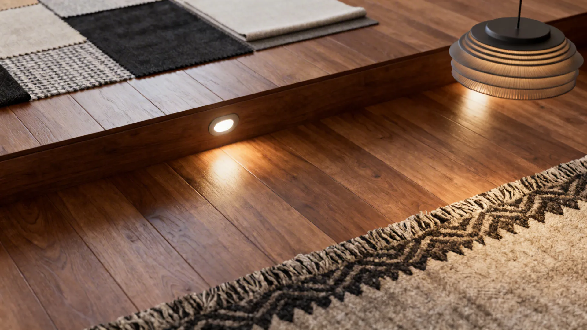 Matching wood floors, rug edge and layered lighting unifying split levels with texture and accents.
