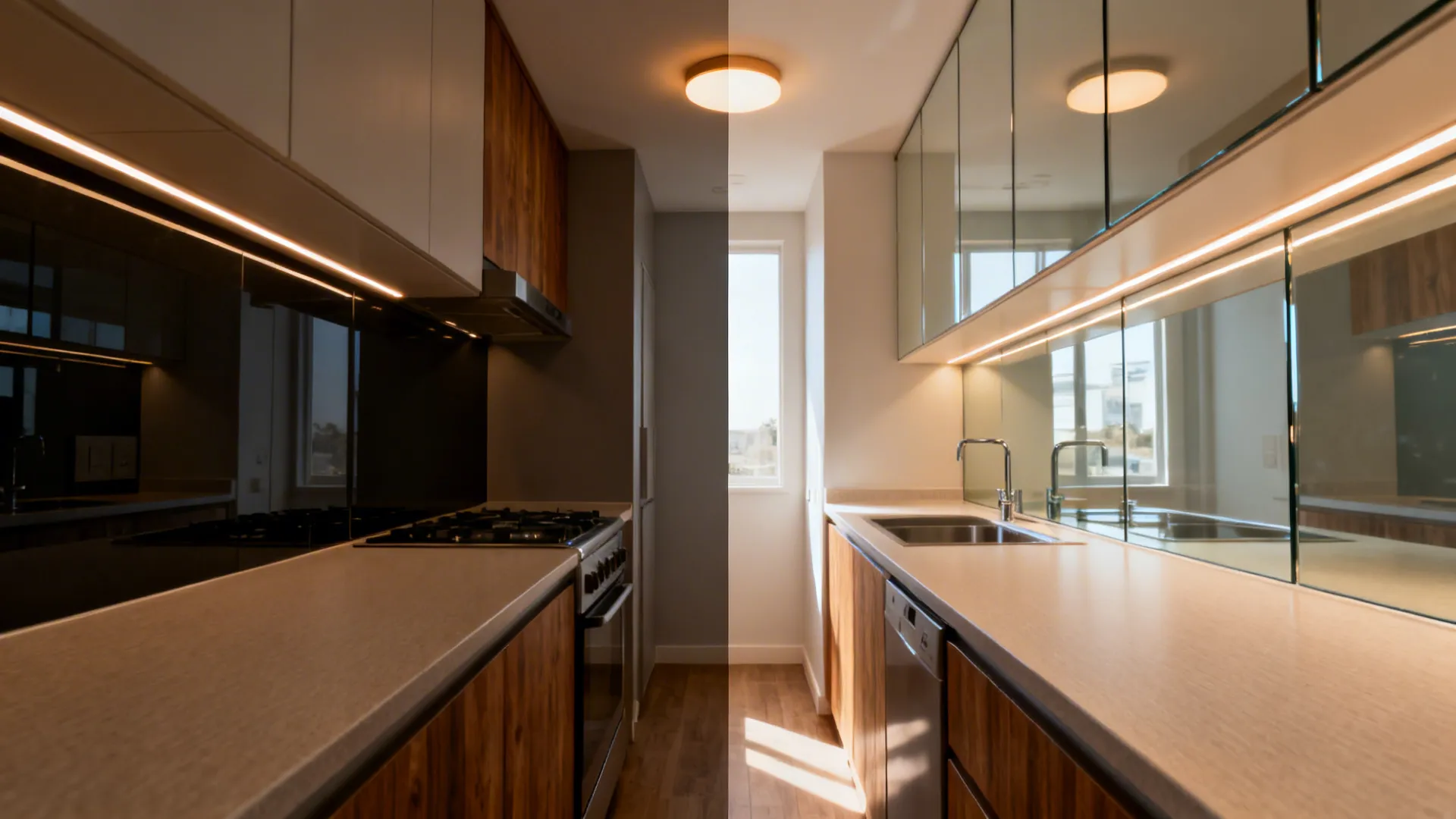 Before-and-after galley kitchen showing reflective glass backsplash and layered LED task lighting.