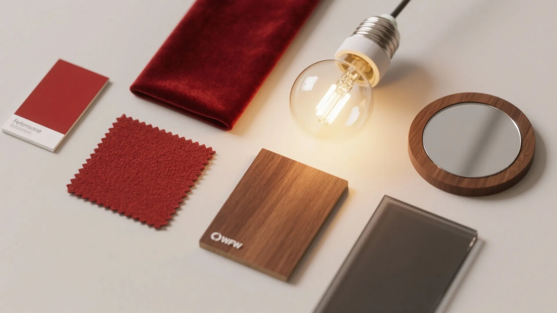 Design material board with red fabric samples wood piece small mirror and a light bulb