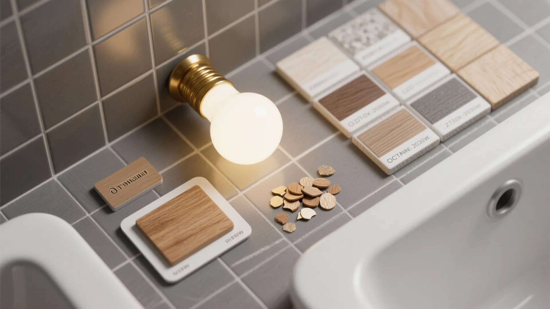 Interior design mood board with wood samples and light bulb on grey square wall tiles