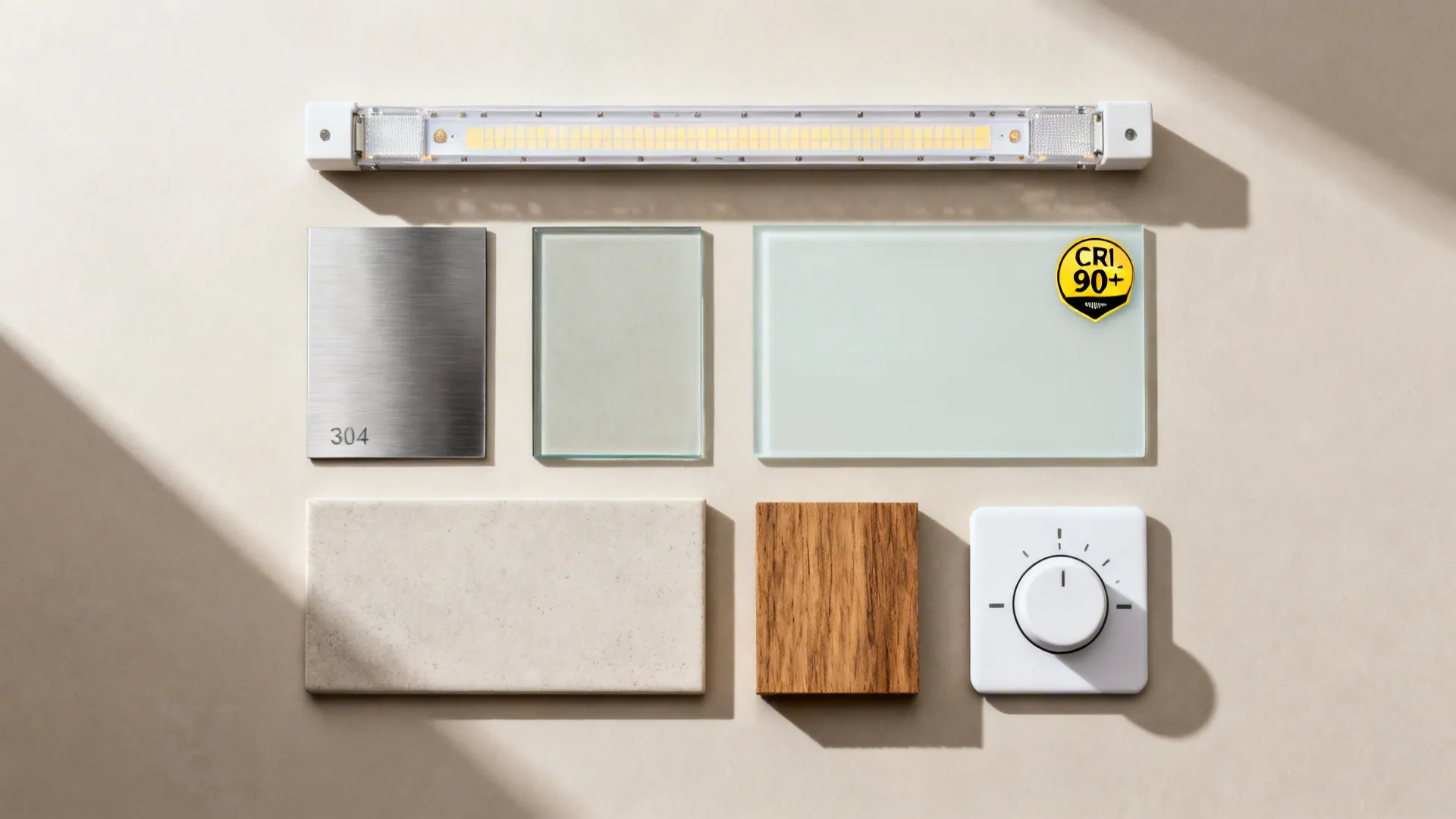 Flat lay of stainless, low-iron glass, matte tile, sealed oak, and LED strip with diffuser.