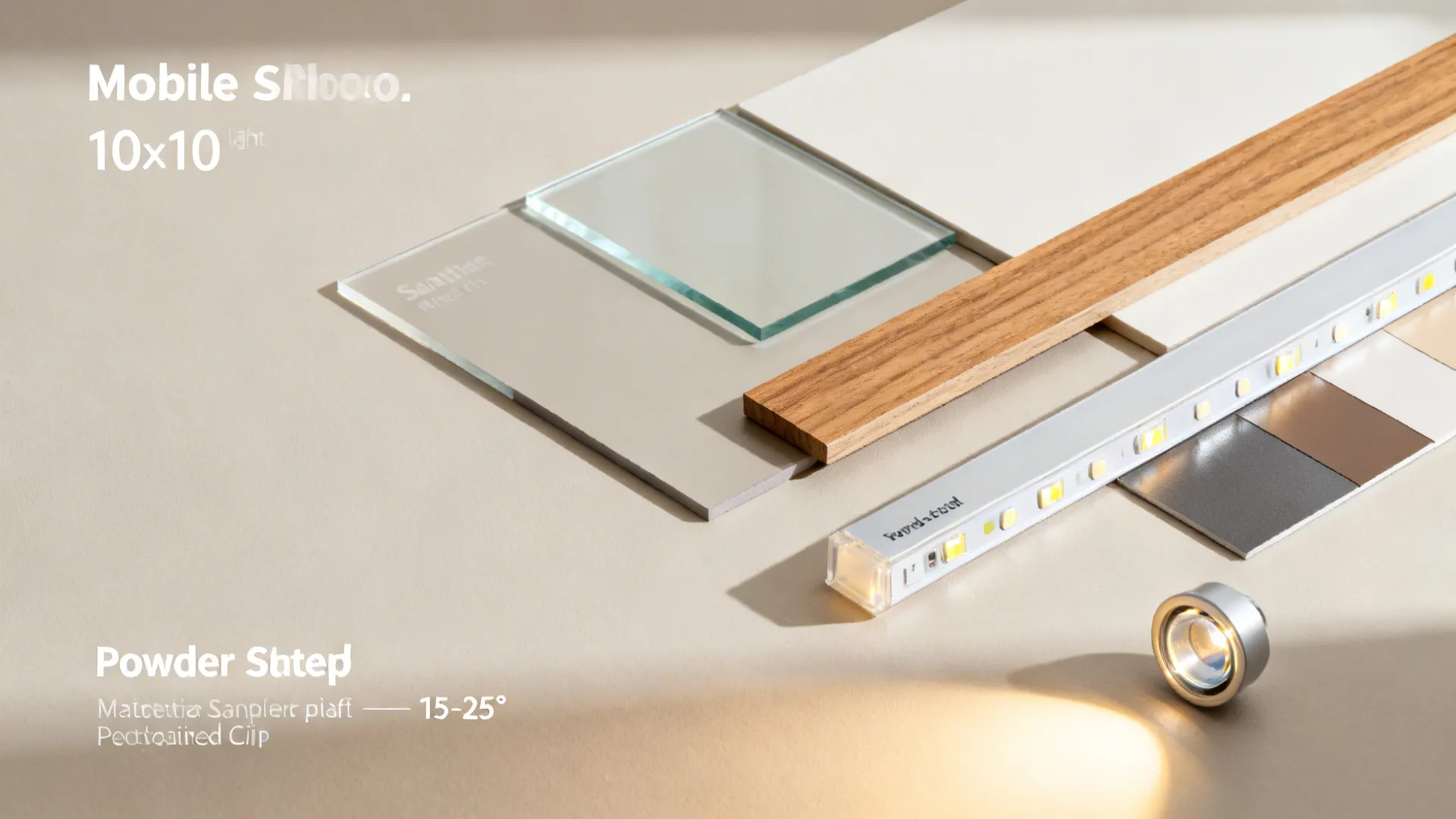 Flatlay of satin glass, matte lacquer, oak veneer, metal swatches, and LED strip in warm light.
