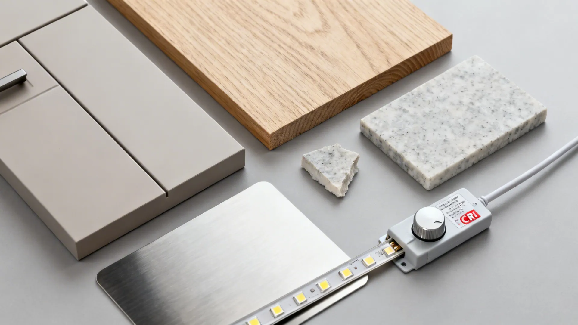 Flatlay of modern kitchen materials and LED components for layered lighting planning.