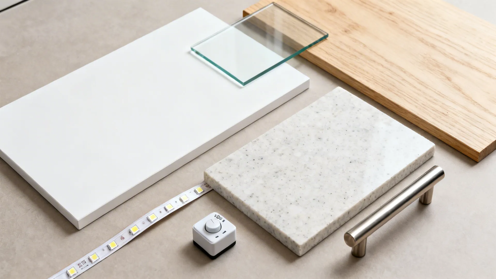 Flat lay of matte white laminate, low-iron glass, oak veneer, quartz, and 3000K LED tape.