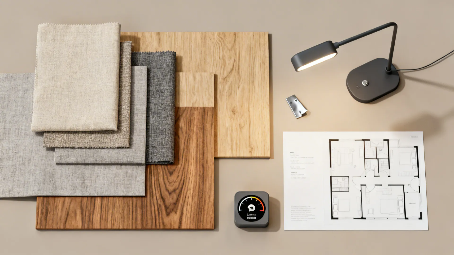 Flatlay of fabric swatches, wood samples, LED task lamp sample and a small floor plan for reading corner design.