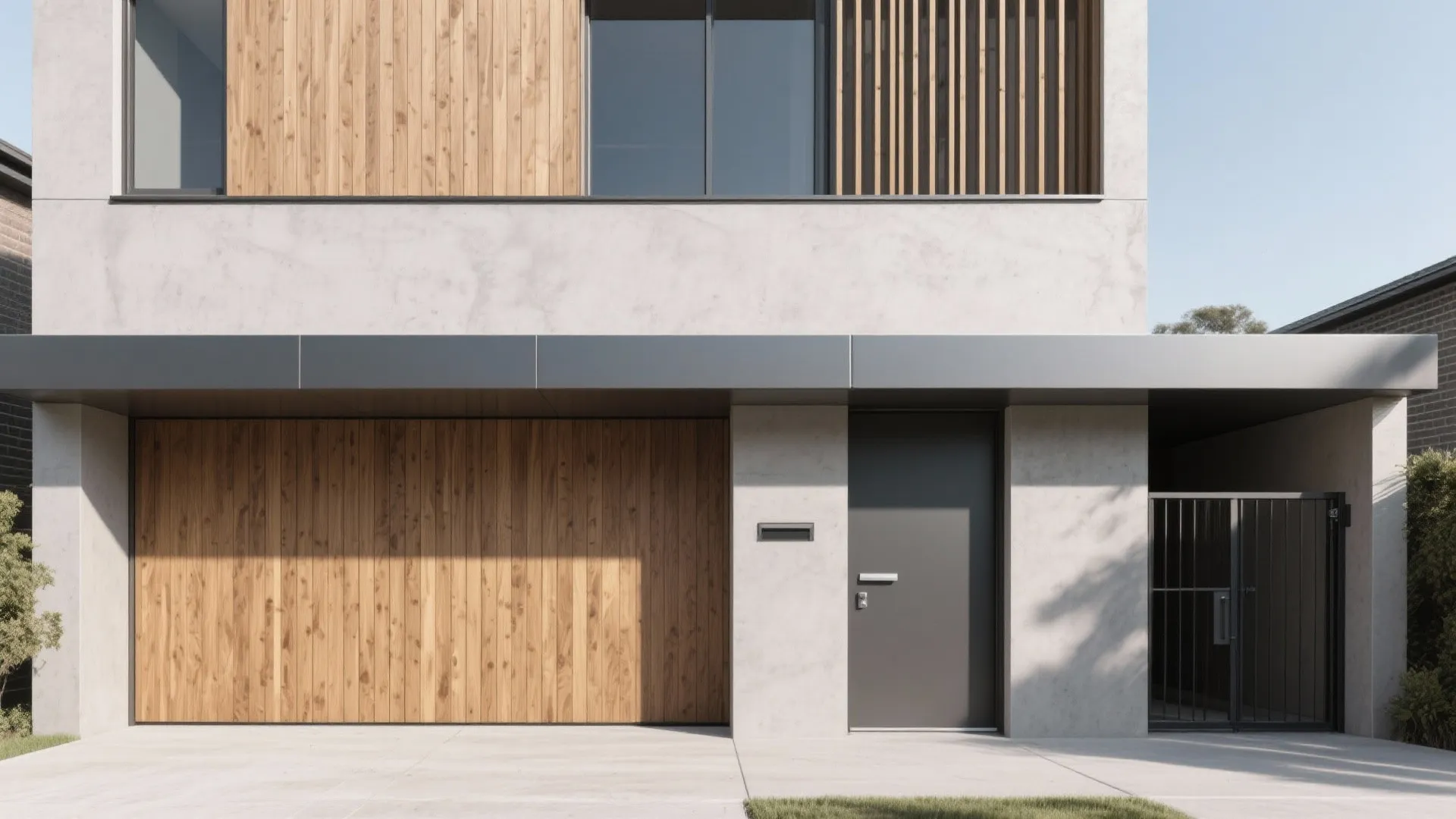 Modern house exterior with a grey door wood garage panels and black metal garden gate