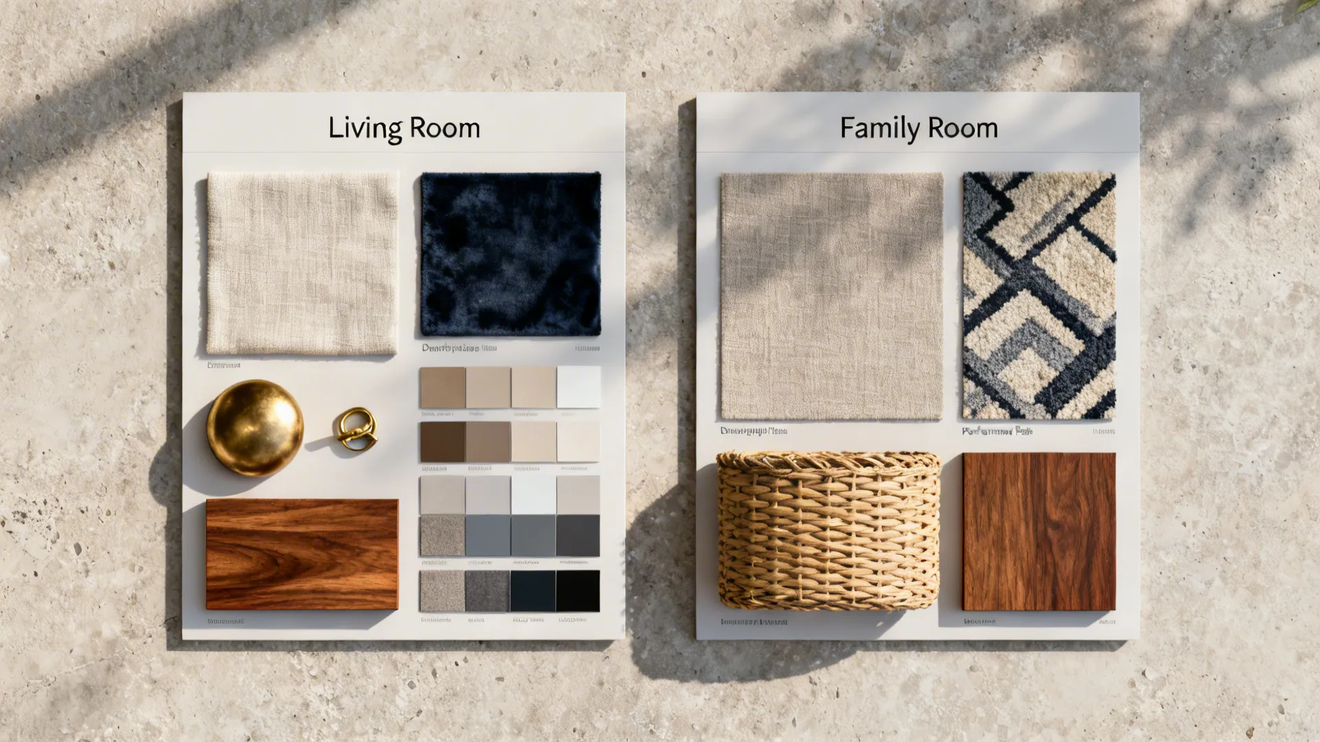 Interior design material boards for living and family rooms featuring fabric swatches and wood samples
