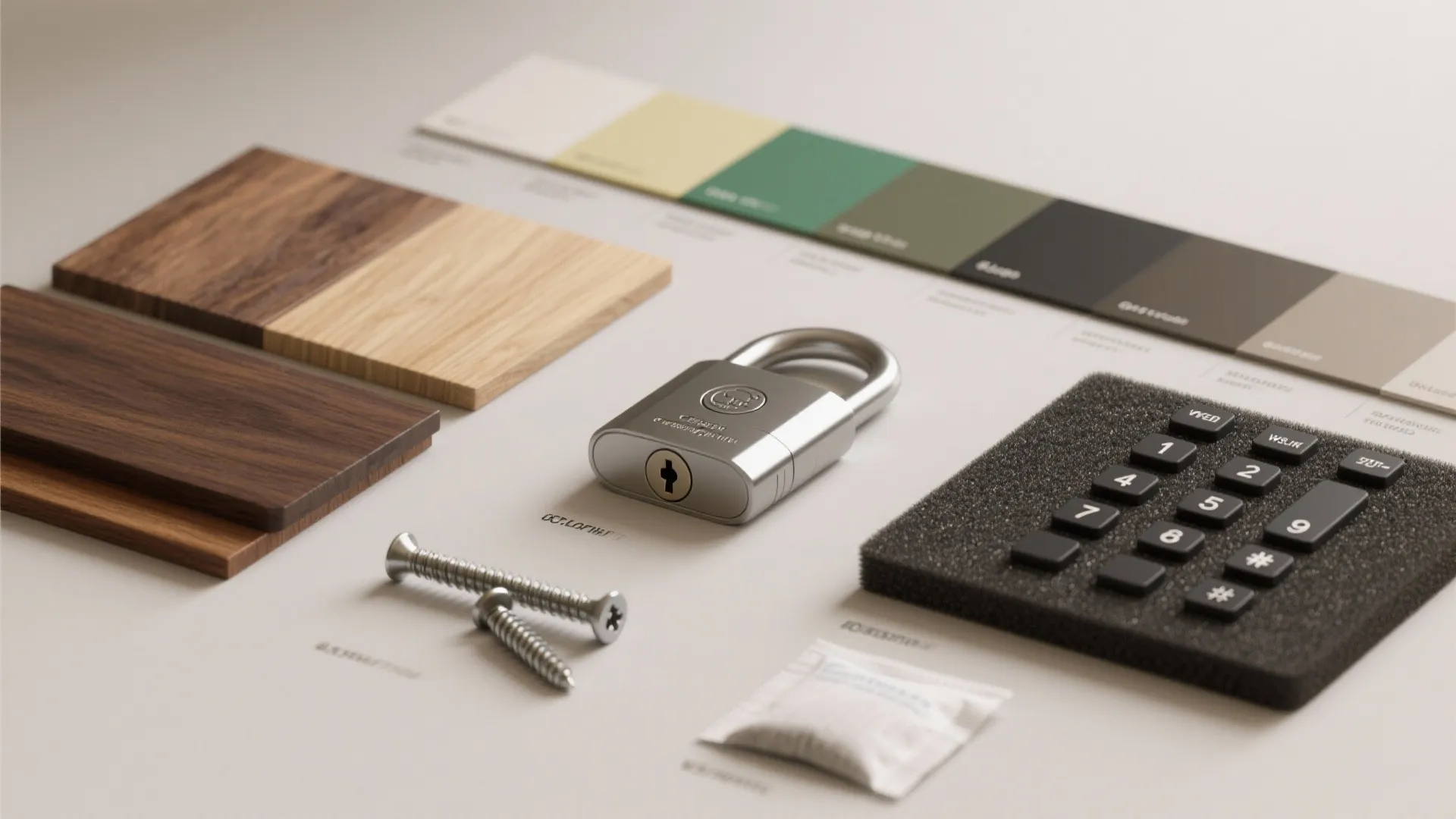 Interior design layout featuring wood samples color swatches a metal padlock screws and digital keypad