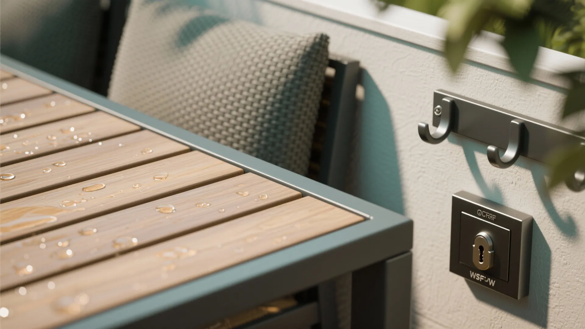 Macro of marine‑grade fabric, powder‑coated metal, and a slatted tabletop drying fast