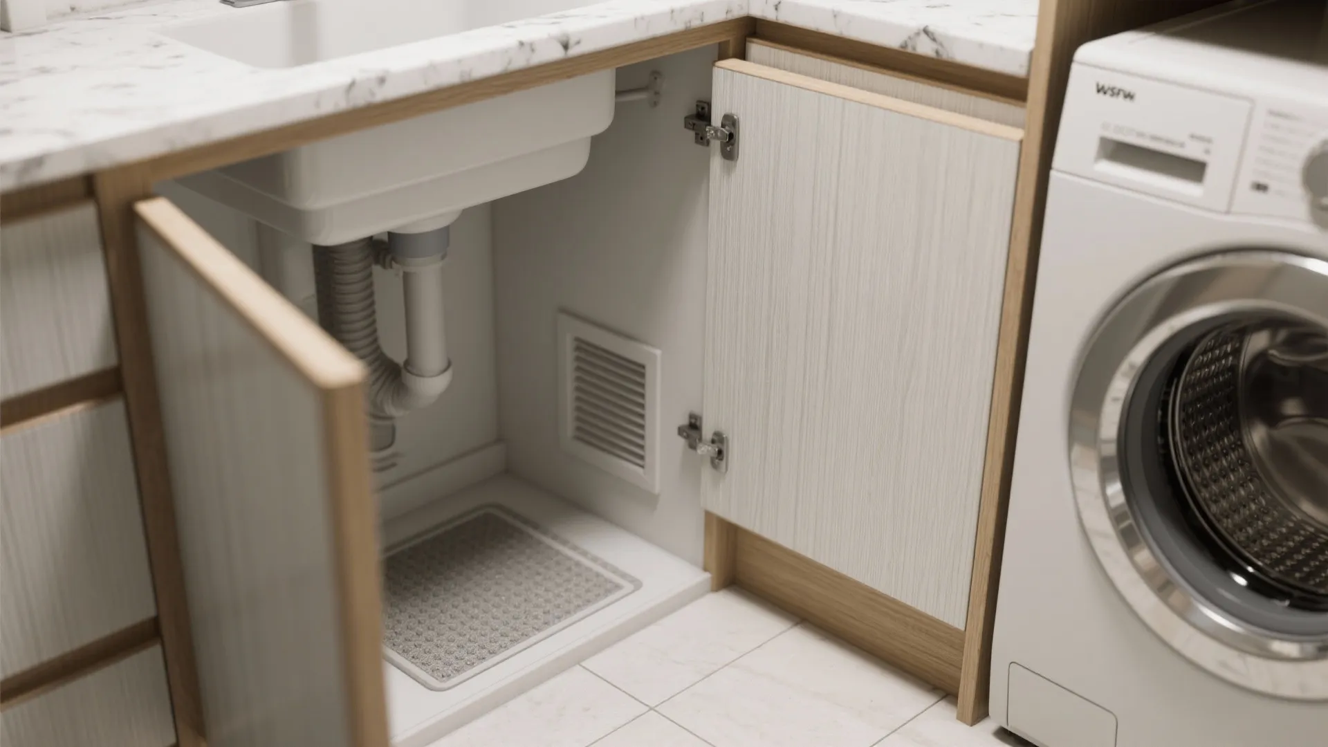Open sink cabinet with pipes showing storage space next to a white front load washer