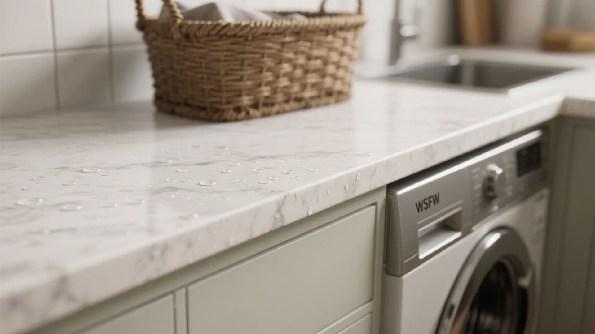 Water droplets on a marble countertop next to a woven basket and a washing machine