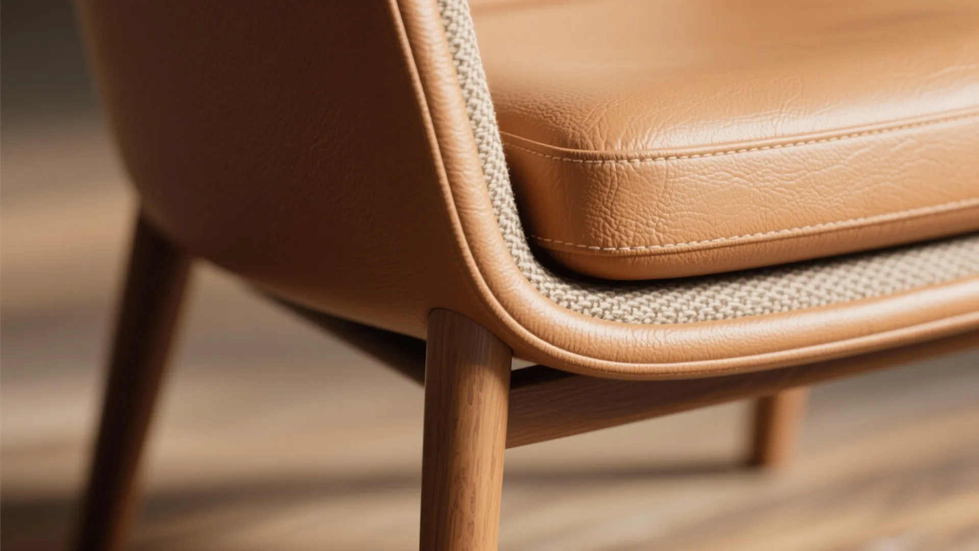 Macro close-up of light brown leather, fabric weave, and wood leg details