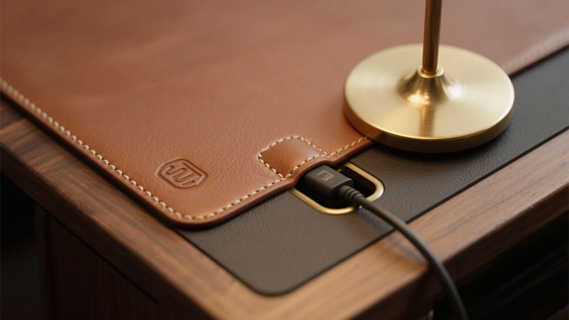 Close up of brown leather desk mat with charging cable and base of gold lamp