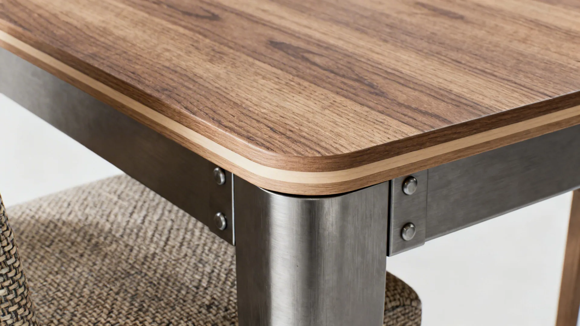 Macro details of durable sealed wood grain, laminate edge, and treated metal hardware suitable for family dining sets.