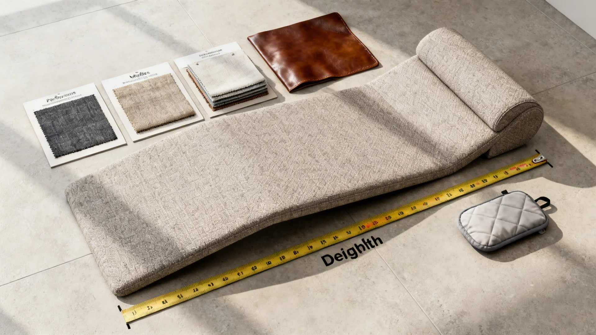 Flatlay of fabric swatches, leather sample, and measuring tape for reclining sofa planning