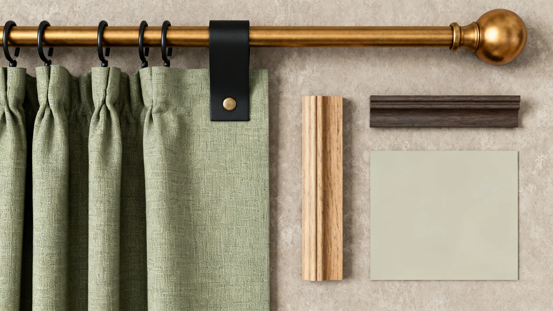 Green curtain hanging on gold rod with wall panel samples and square paint color swatch