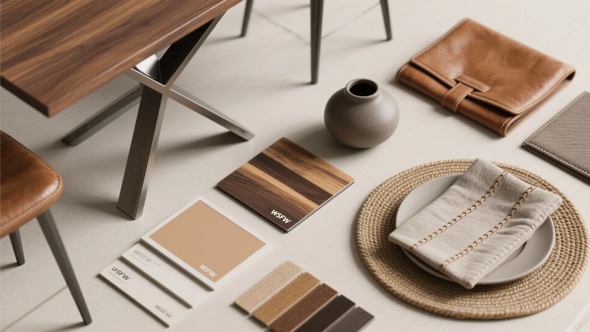 Interior design material board with wood samples leather notebook fabric swatches and small ceramic vase
