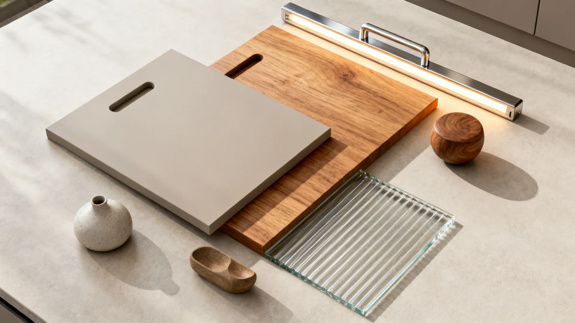 Material mood board with wood panel, grey board, glass sample, small vase, and light fixture