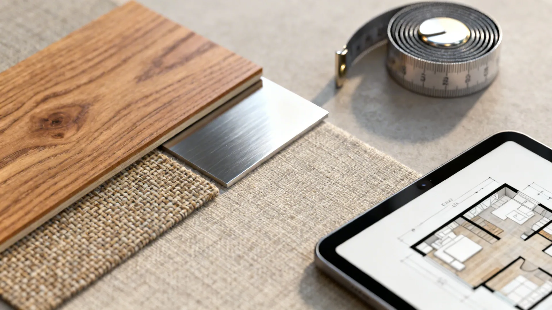 Material swatches and a tablet with a 3D mockup showing layout tips for small dining spaces