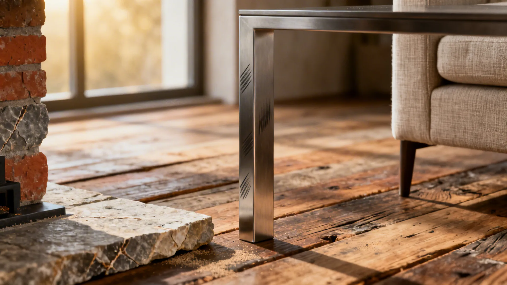 Close-up of reclaimed wood, stone hearth and metal accents showing natural textures with a modern twist.
