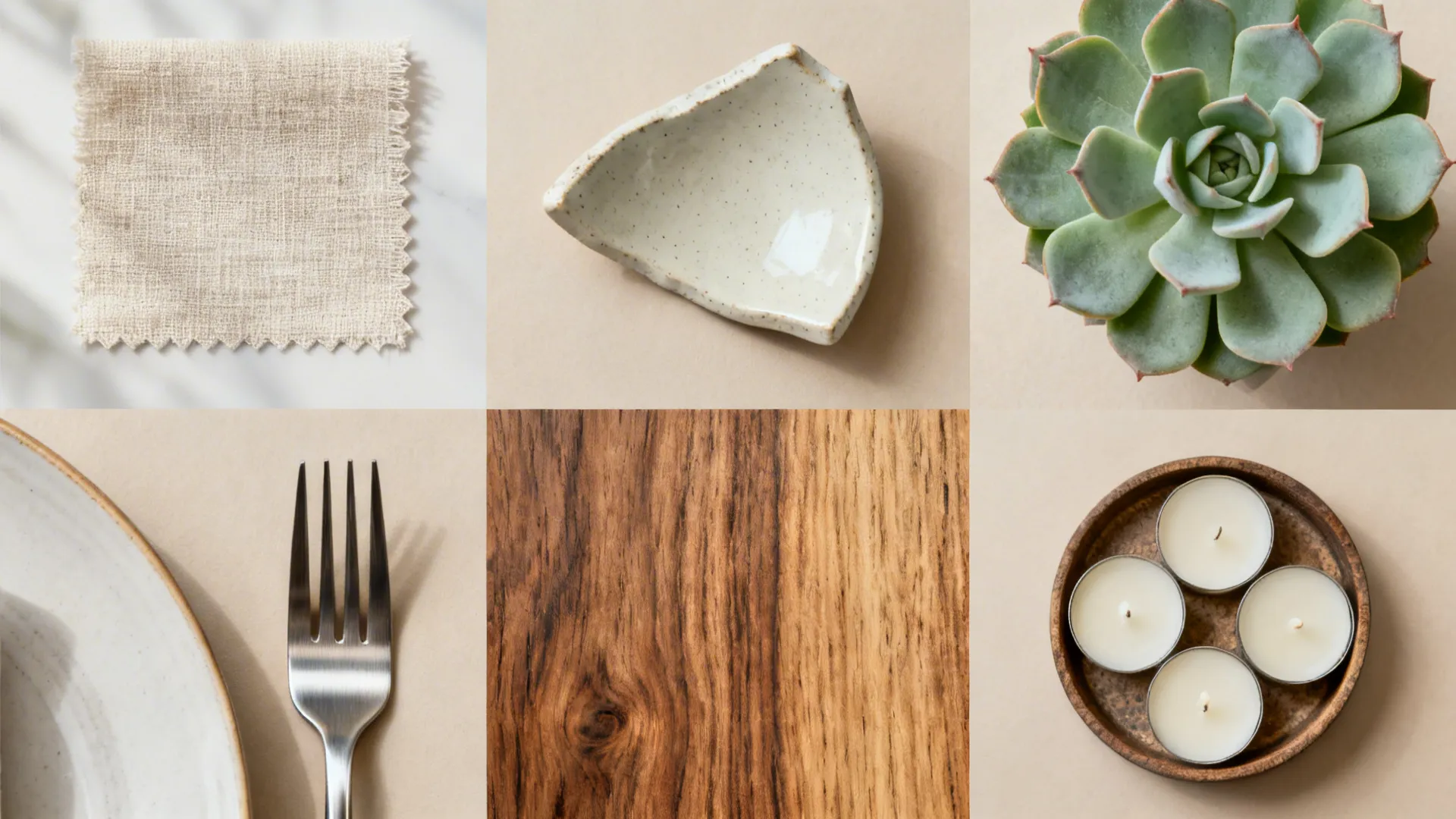 Montage of linen, matte ceramics, wood, brushed metal and faux succulent samples for dining styling reference.