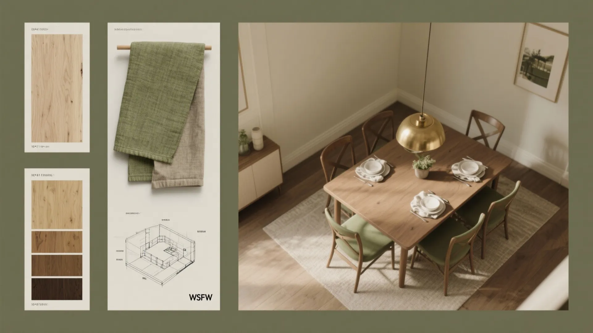 Interior design mood board with wood samples, green fabric, room layout drawing, and dining area