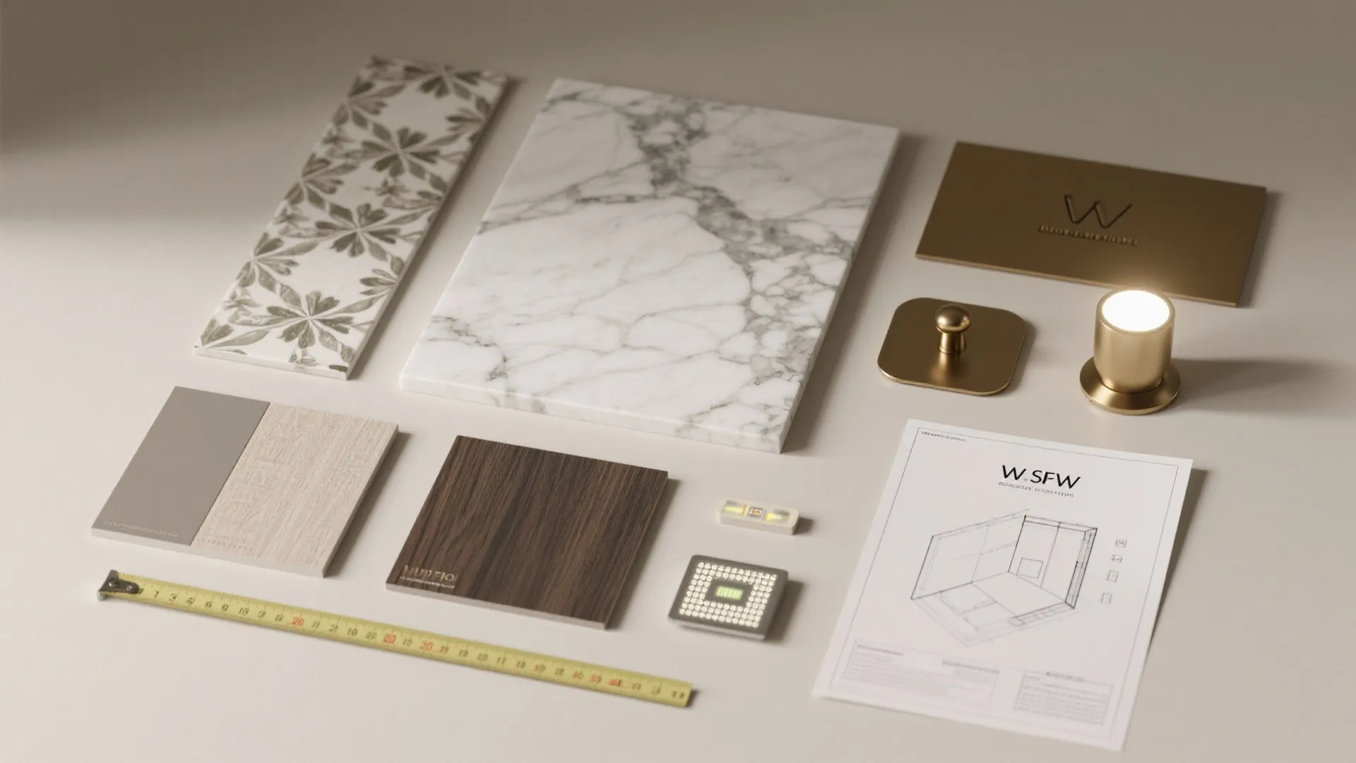 Interior design mood board with marble stone samples wood panels gold light fixture and measuring tape
