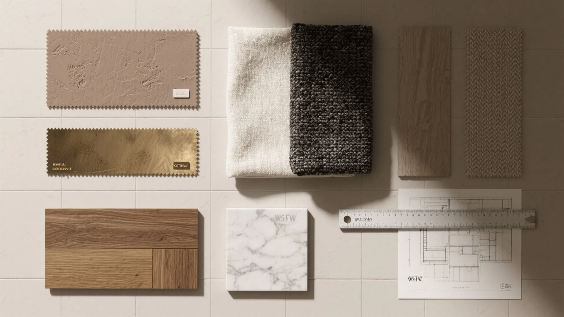 Top-down flatlay of material swatches and a small floorplan for a luxury living room moodboard.