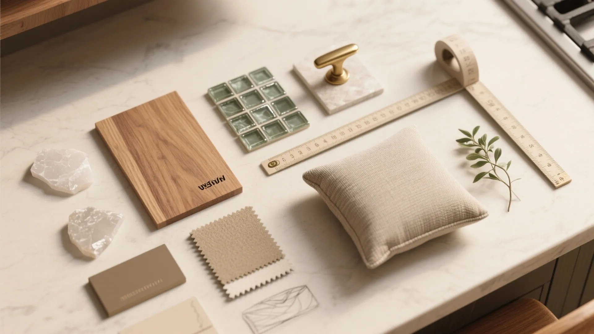 Flatlay moodboard of materials and swatches for small kitchen breakfast bar design.