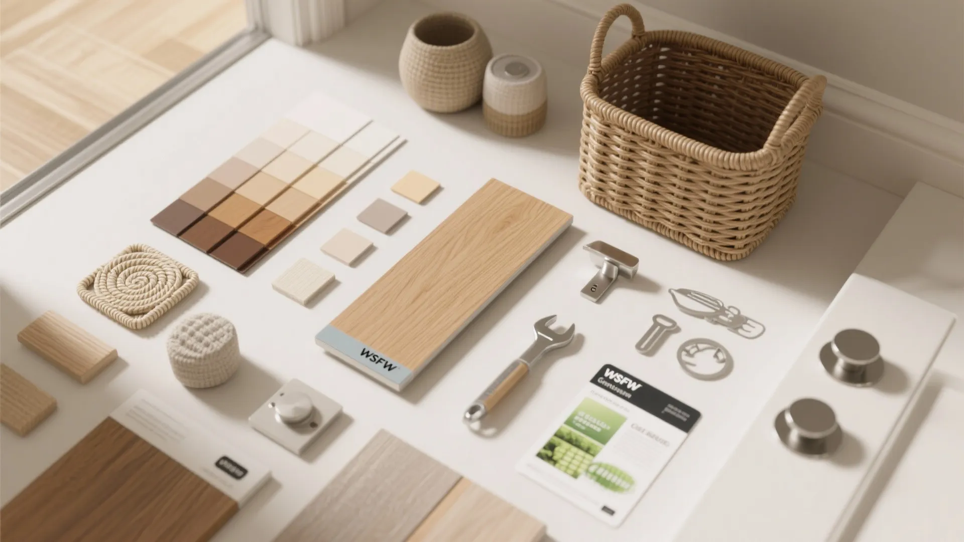 Interior design material board with wood samples color swatches woven basket tools and white cabinet hardware