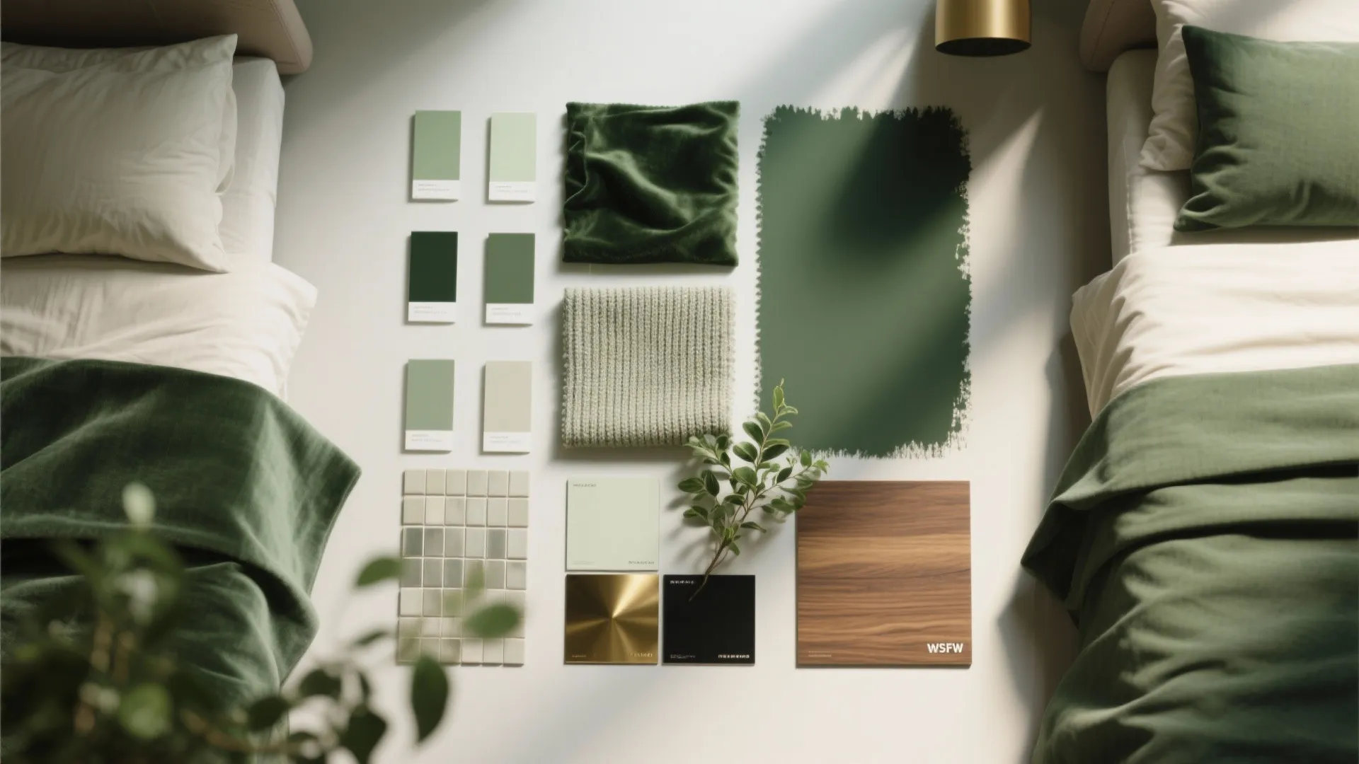 Interior design mood board with green paint samples wood board fabric swatches and small tiles