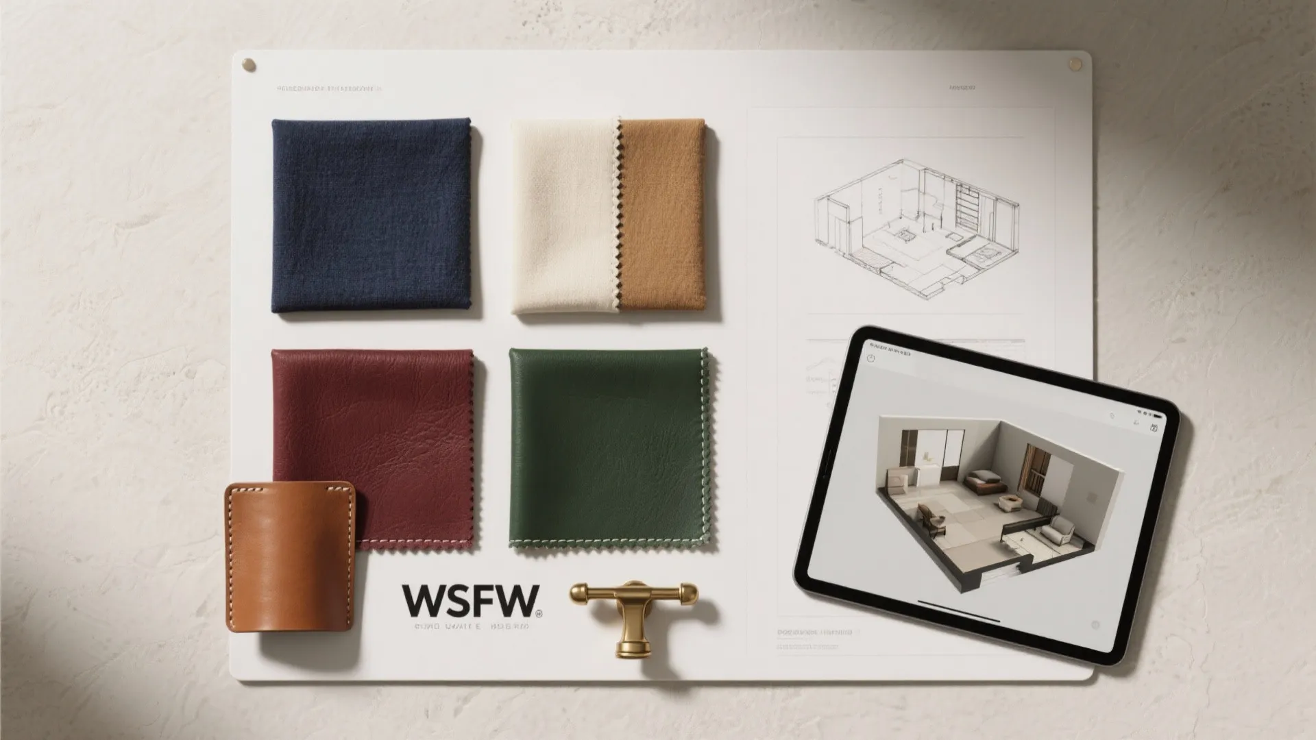 Interior design mood board with fabric swatches leather samples a gold handle and a tablet