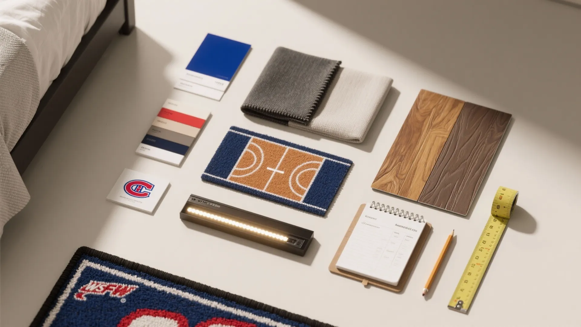 Interior design moodboard with wood floor samples fabric swatches color cards small rug and measuring tape