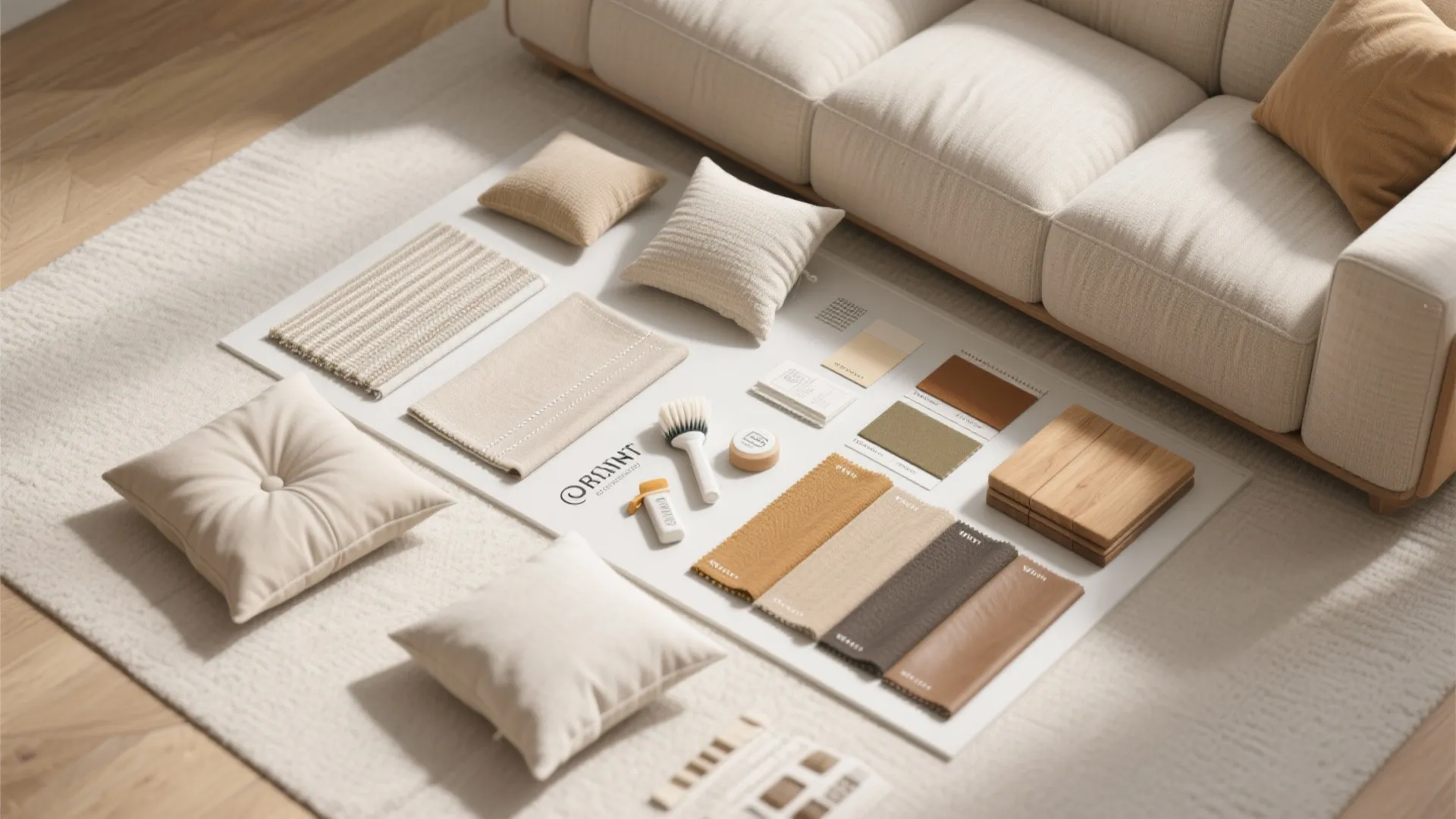 Material mood board with durable fabric swatches and neutral color chips.