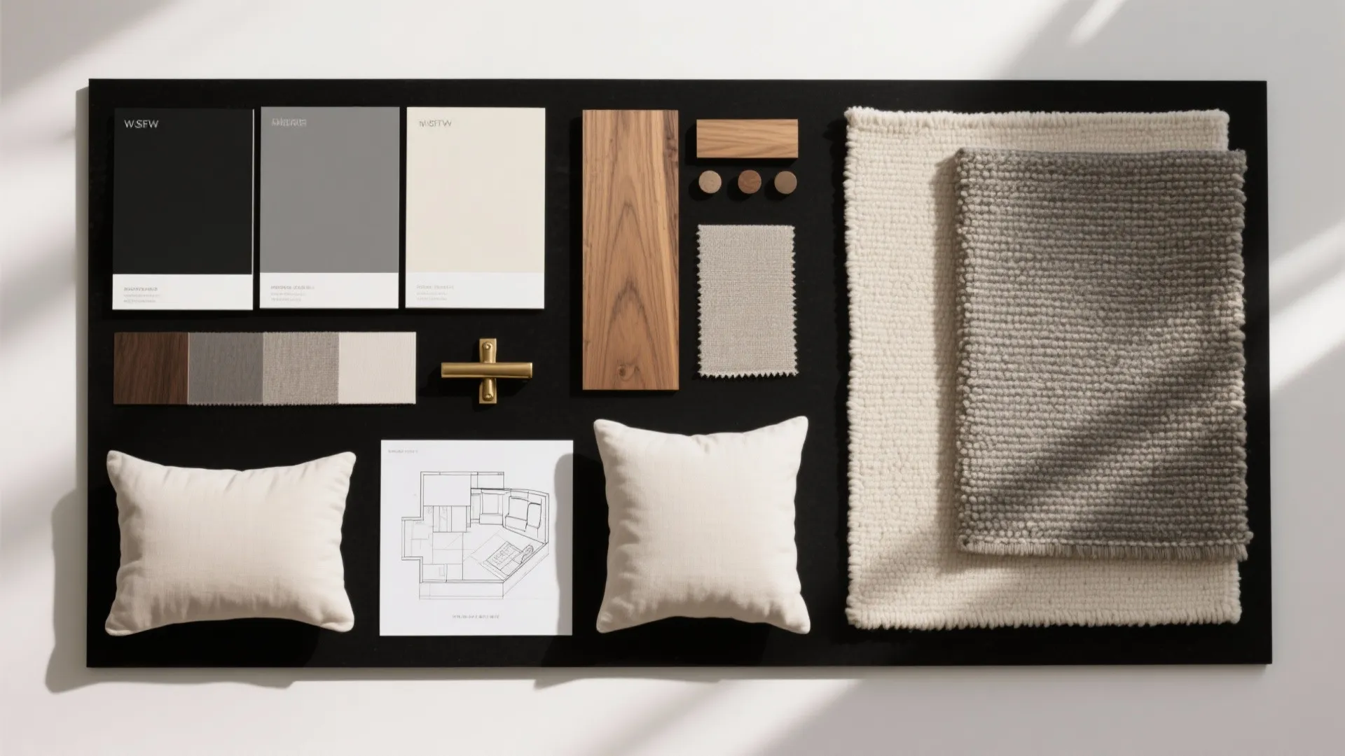 Flatlay moodboard with paint swatches, wood and fabric samples for a black grey cream palette.