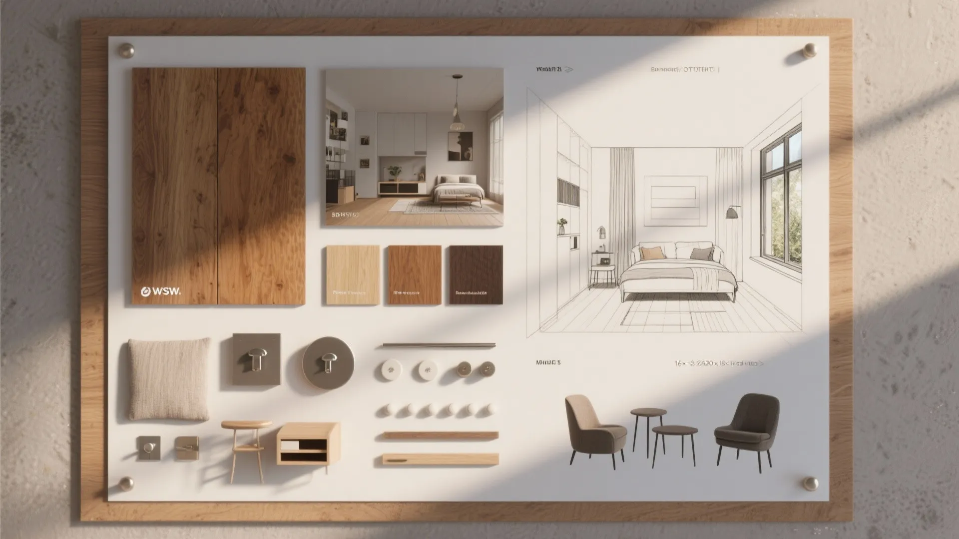 Material and finish moodboard for efficient small two-bedroom home design showing wood, fabric and hardware samples