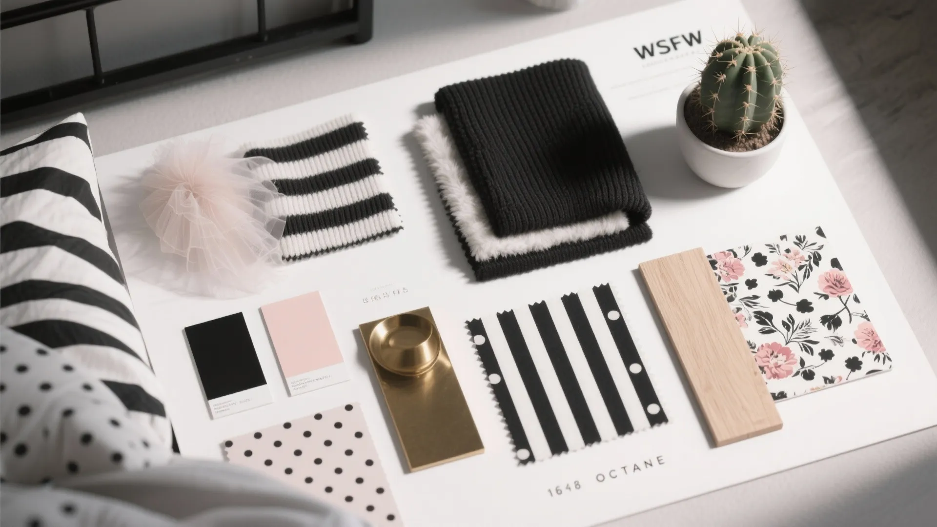 Top-down moodboard of fabrics, paint chips, brass sample and cactus for a black-and-white feminine bedroom design.