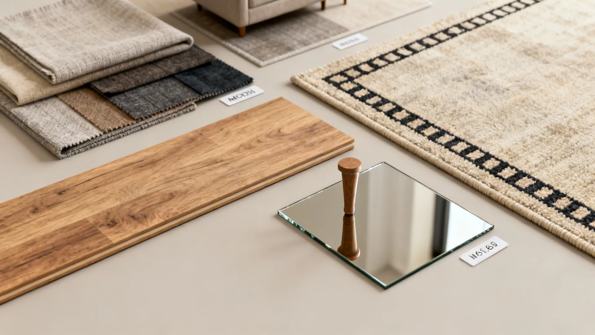 Flatlay of fabric, wood, rug, and mirror samples for planning a small living room.