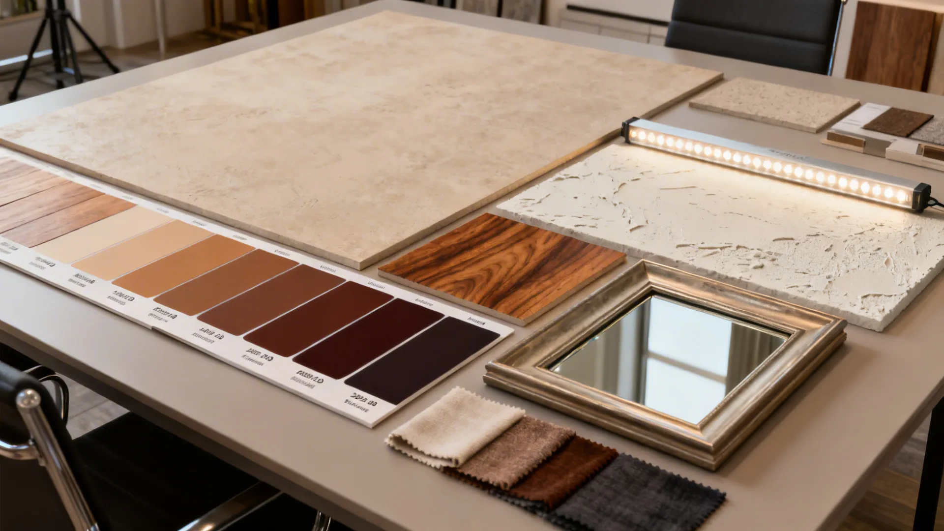 Flatlay moodboard of paint swatches, wood and plaster samples and fabric for wall treatment planning.